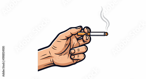A hand holds a burning cigarette with smoke rising
