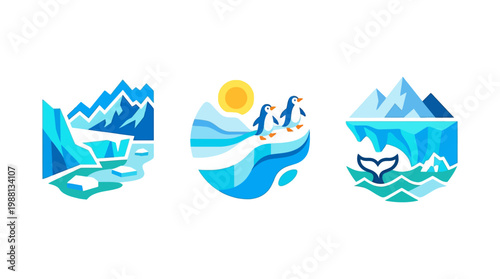 Arctic Landscape Logos Set Mountains Penguins and Whales