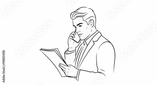 Businessman on phone, reviewing documents in a sketch