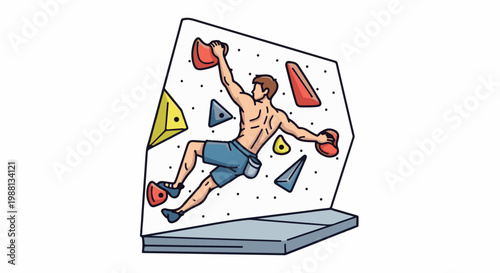 A person ascends a climbing wall with holds of various shapes and colors