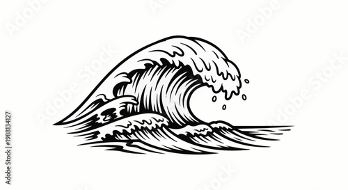 Bold black ink illustration of a large crashing ocean wave with foam and spray
