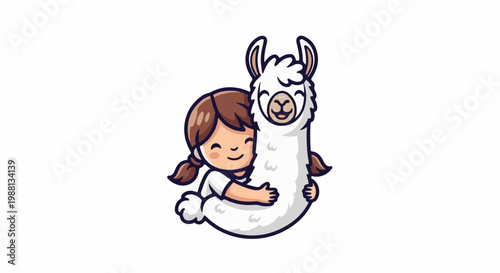 Cheerful girl embracing a fluffy white llama with joy