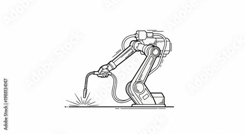A robotic arm is welding, creating sparks on a flat surface