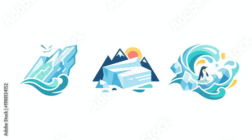 Arctic Iceberg Logos with Waves and Animals