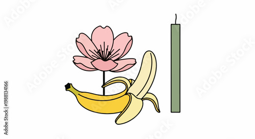 A single pink flower and partially peeled banana beside a green candle stick