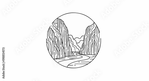 Circular line art depicts a winding river through a narrow canyon with textured cliffs