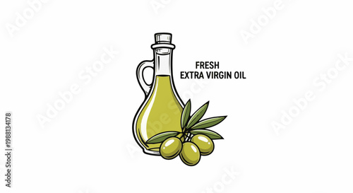 Glass bottle of olive oil with olives and leaves, text FRESH EXTRA VIRGIN OIL