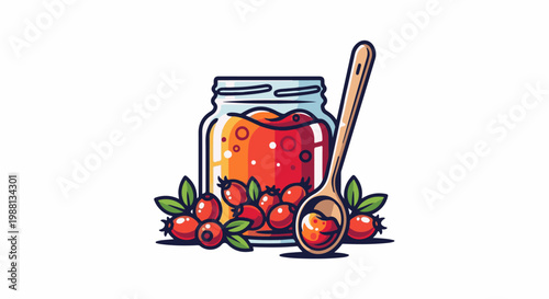 Colorful jar of fruit preserve with fresh berries and wooden spoon