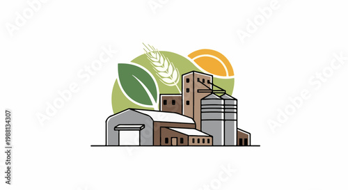 Stylized illustration of agricultural buildings and crops against a sunlit backdrop