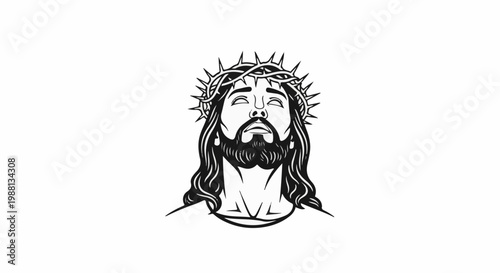Stylized graphic depicts face with long hair, beard, crown of thorns