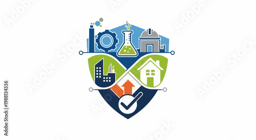 Emblem depicting industry, housing, and scientific progress with checkmark