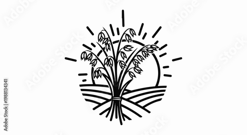 Stylized depiction of oats against a rising sun over rolling fields