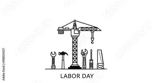 A graphic illustration of construction tools like wrenches, a hammer, and a crane, symbolizing the dedicated effort, industrial development, and the spirit of Labor Day celebration