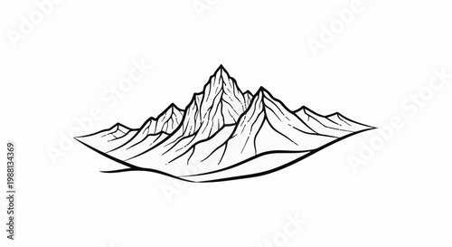 Stylized black and white illustration of majestic, jagged mountain peaks