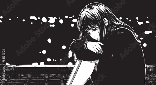 Manga Girl Hugging Knee on Rooftop