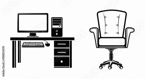 Stylized black and white illustration of a desk with a computer and a separate office chair