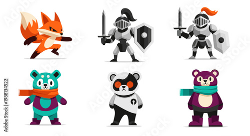 Cartoon animals and knights in armor illustrations