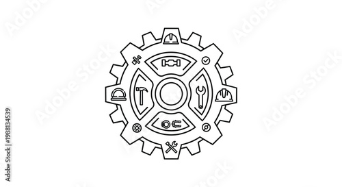 Industrial gear icon with construction tools, mechanical cogwheel vector illustration, black line art engineering and maintenance symbol on white background