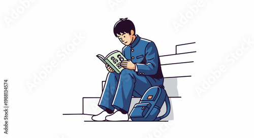 Young student in blue uniform sits on steps reading a book