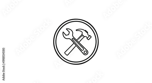 Minimalist crossed hammer and wrench icon vector, black line art construction tools in circle, industrial repair and maintenance service logo