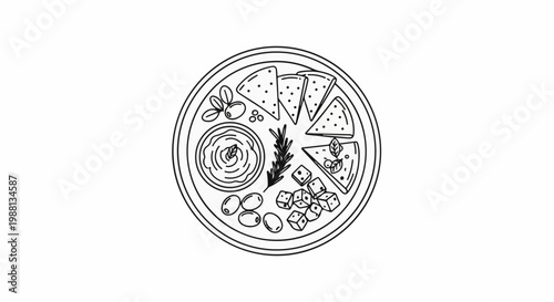 Stylized platter with dip, crackers, olives, herbs, and cheese cubes