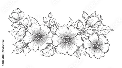 Delicate line floral arrangement with blooming flowers and leaves leaf botanical