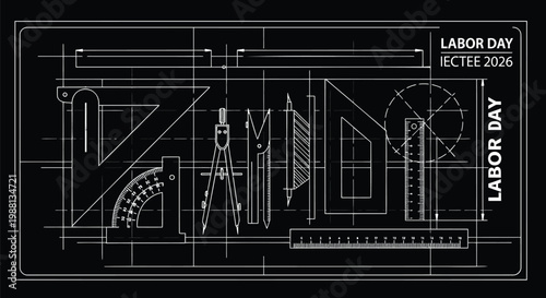 Labor Day 2026 blueprint vector illustration, technical drawing of drafting tools and geometry equipment, architectural plan for construction holiday
