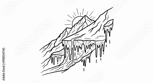 Stylized sun shines on melting icy mountain peaks with dripping water