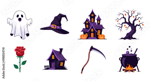 Halloween icons set with ghost, witch hat, haunted house, tree, rose, scythe, and cauldron