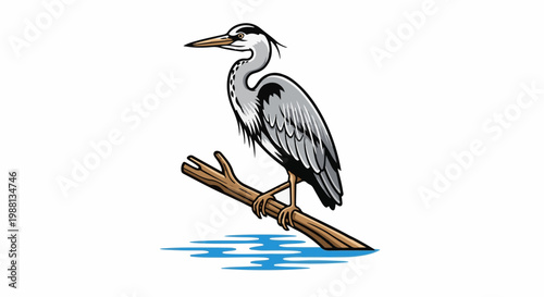 A grey heron stands on a brown branch over blue water