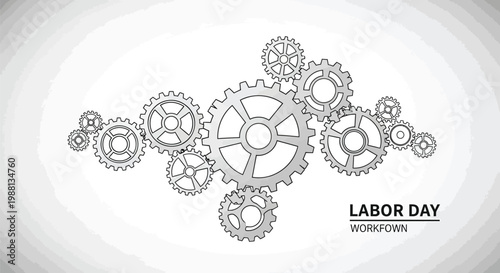 Industrial Labor Day vector illustration, mechanical gear system with metallic cogs, workflow concept for business and engineering projects