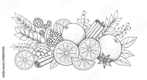 Hand drawn arrangement of oranges citrus slices cinnamon sticks berries and leaves