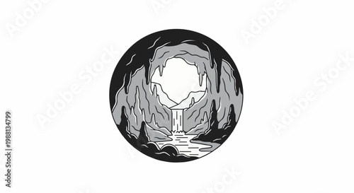 Stylized cave entrance with waterfall, river, and mountains beyond