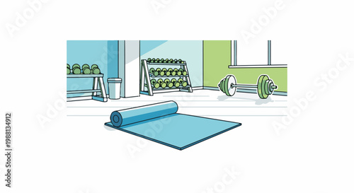 A minimalist gym interior with a rolled yoga mat, dumbbell racks, and barbell