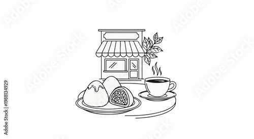 A simple line drawing depicts a small shop with pastries and coffee