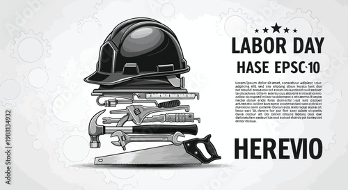 Labor Day, construction tools, hard hat, industrial icons, EPS