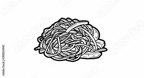 A stylized black and white drawing of a messy pile of spaghetti