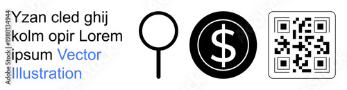 Mobile payments, financial technology, online security, digital scanning, digital transactions, e-commerce. QR code, magnifying glass and dollar icon. Mobile payments and financial technology