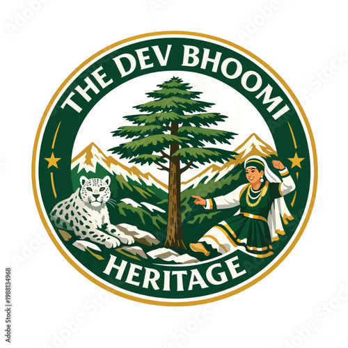 The Dev Bhoomi Heritage roundel emblem featuring ancient pine tree, majestic mountains, and leopard guardians, representing tribal ritual blessing, sacred culture, protection vectorHD