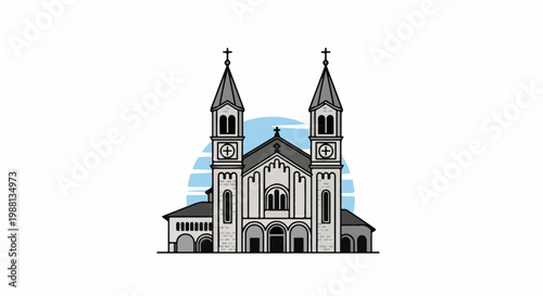 Stylized illustration of a stone church with two spires and arched entrances
