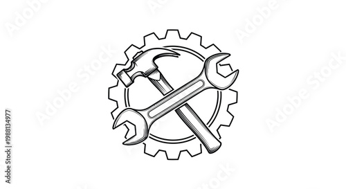 Mechanical tools, gear icons, wrench hammer, industrial symbols, black and white