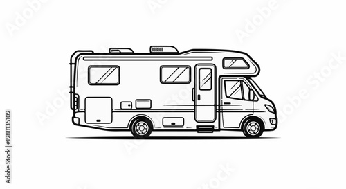 Detailed black and white line drawing of a recreational vehicle on a white background