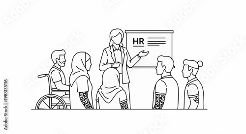 Diverse group listens to presenter at HR meeting with whiteboard