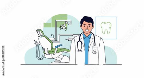 Friendly dentist in uniform smiling near a dental chair and tooth graphic
