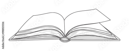 Open book with pages fanning out in black and white line spread