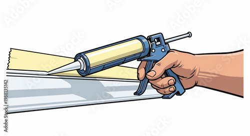 Hand holding caulking gun applying sealant along taped edge