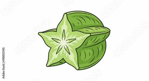 Green star fruit sliced open to reveal its shape and texture