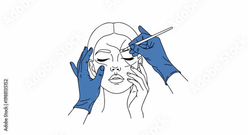 Hands in blue gloves perform procedure on face with drawing lines