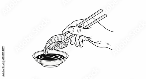 Hand holding chopsticks dipping sushi in soy sauce bowl, line art