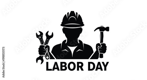 Labor Day, worker icon, construction tools, black silhouette, holiday symbol